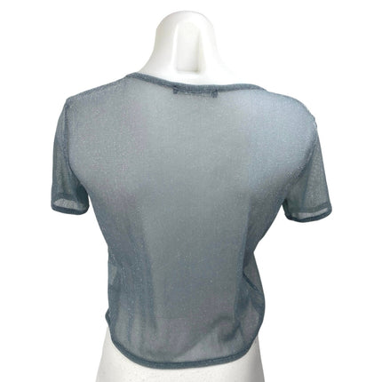 Brandy Melville Gray Metallic Glitter Short Sleeve Mesh Sheer Crop Shirt Top S