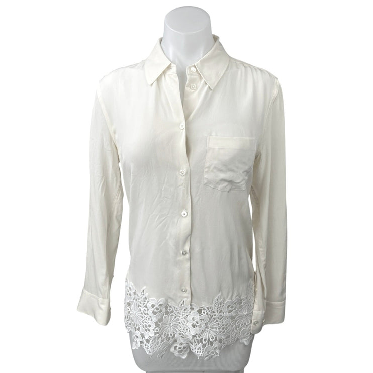 Equipment White Silk Lace Crochet Button Down Long Sleeve Shirt Blouse Top Sz S