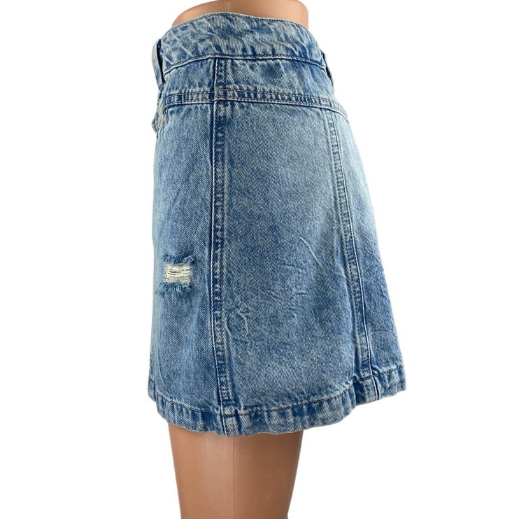 Free People We The Free Blue High Rise Distressed Mini Denim Jean Skirt Size 28