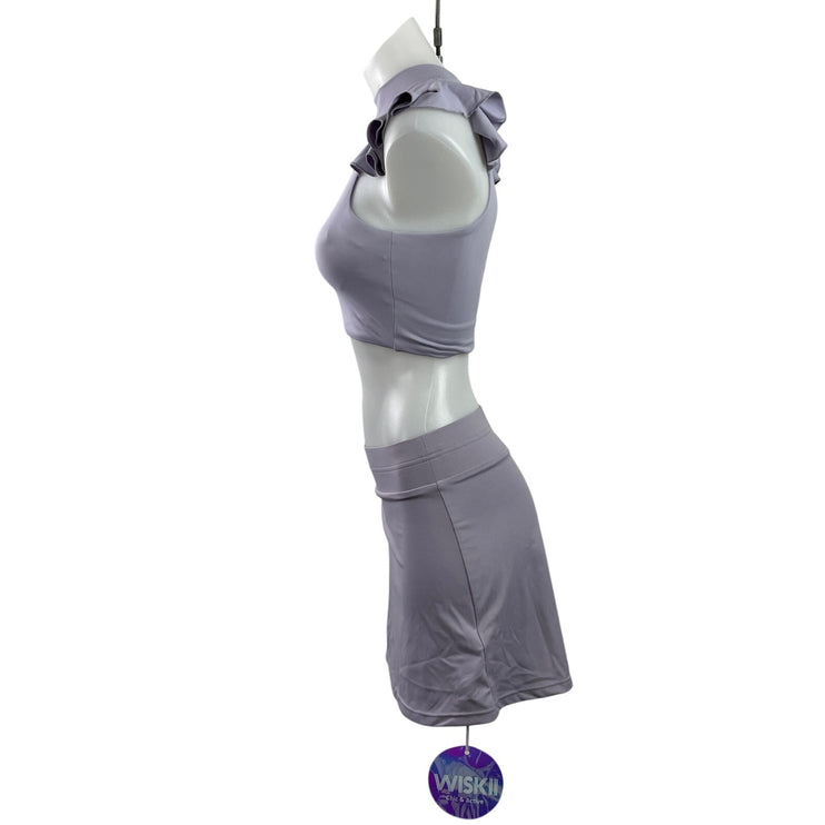 NEW WISKII Purple Lilac Ruffle Sleeveless Crop Top Slit Mini Skirt Set Size S