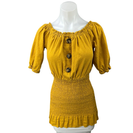 Zara Yellow Off The Shoulder Button Front Smocked Tunic Blouse Top Size XS