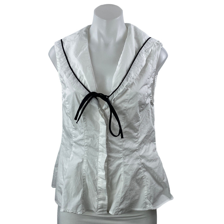 Zara Women's White Sleeveless Front Tie Ruffle Collared Button Up Blouse Top M
