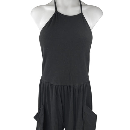 Oak + Fort Women's Black Sleeveless Halter Wide Leg Pockets Romper Jumpsuit Sz L