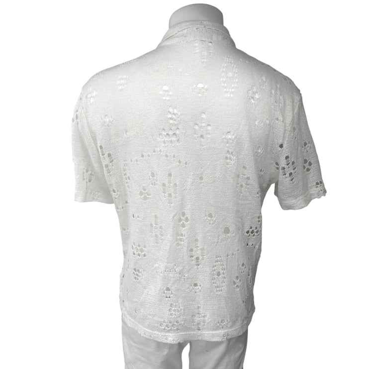 Zara Men's White Eyelet Knit Short Sleeve Button Up Sweater Shirt Top Size L