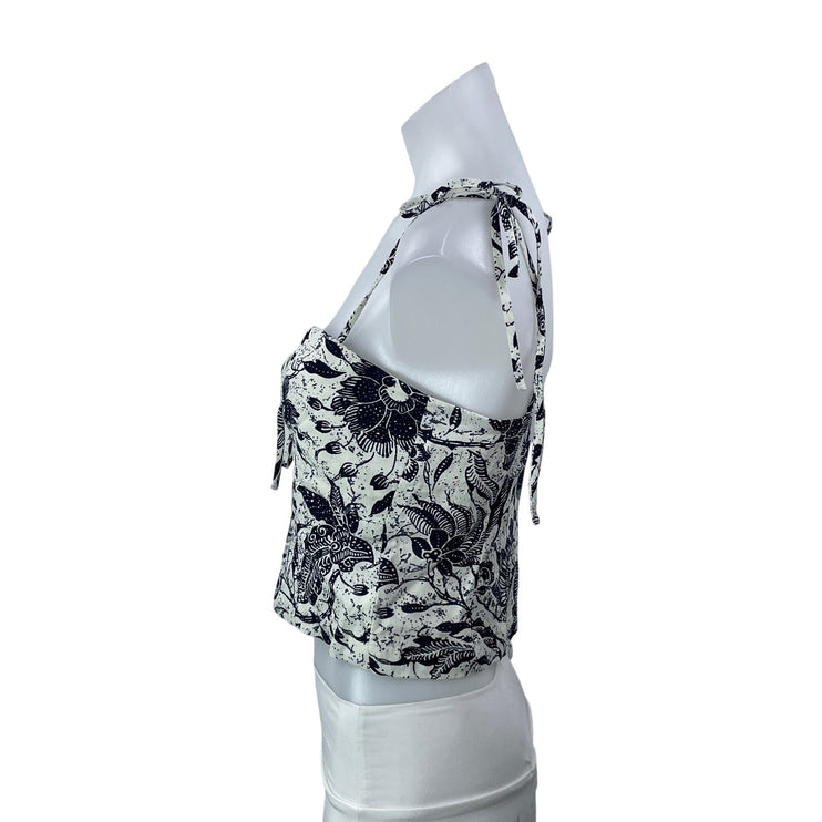 Adong Silk Women White Black Floral Tie Strap Sleeveless Bustier Crop Top Size S