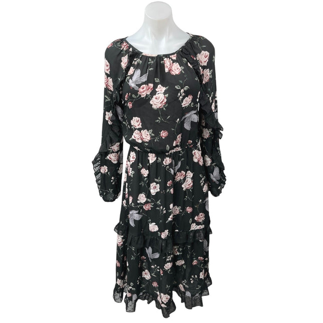 H&M Divided Black Floral Ruffle Long Sleeve Tiered Midi Blouson A-Line Brie H&M Divided Black Floral Ruffle Long Sleeve Tiered Midi Blouson A-Line Brie