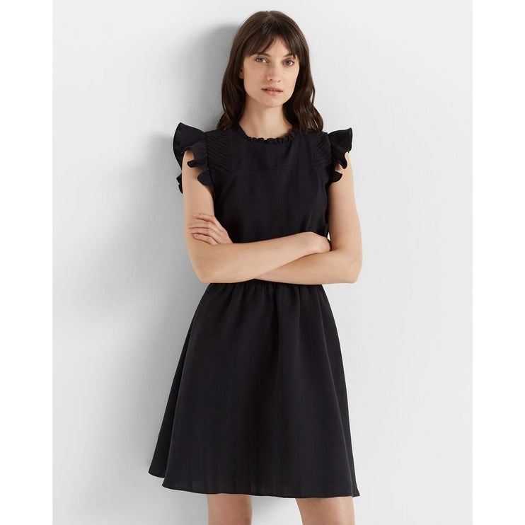 Club Monaco Black Ruffle Pintucked Crew Neck Cocktail A Line Mini Dress Size 00