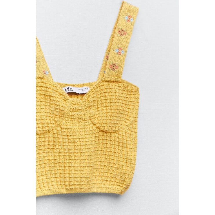 Zara Yellow Floral Embroidered Crochet Knit Wide Strap Sleeveless Crop Top Sz S