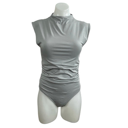 Abercrombie & Fitch Gray Ruched Shell Mock Neck Sleeveless Tank Bodysuit Top M