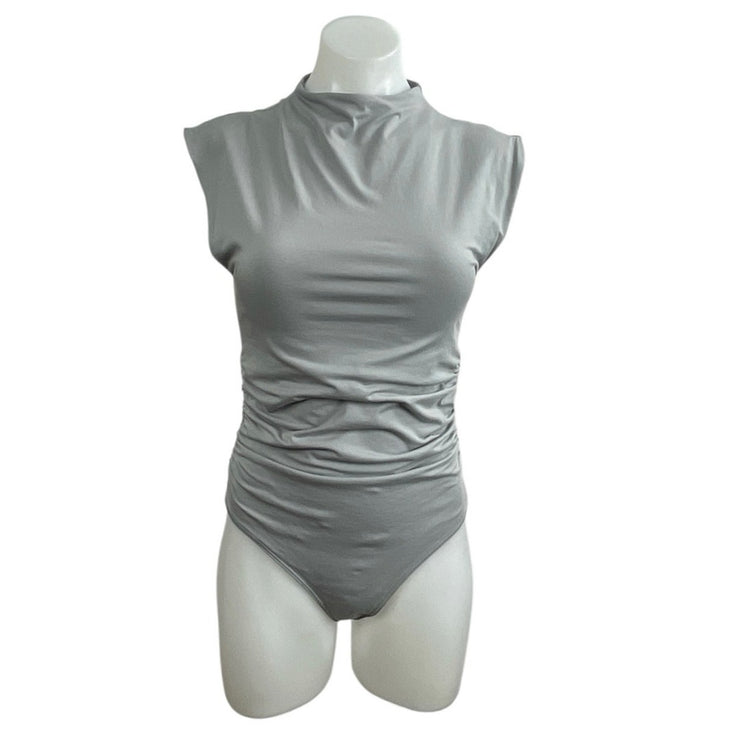 Abercrombie & Fitch Gray Ruched Shell Mock Neck Sleeveless Tank Bodysuit Top M