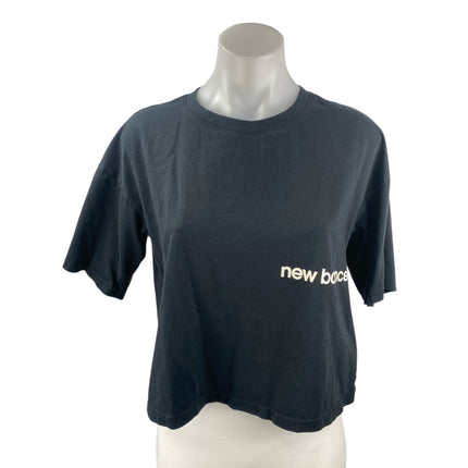 New Balance Women's Black Logo Spellout Short Sleeve Boxy Athletic T Shirt Top M