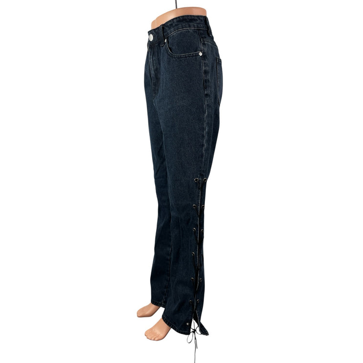 Superdown Womens Blue Dark Wash High Rise Lace Up Wide Leg Denim Jeans Pants 30