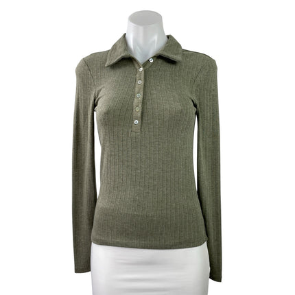 NEW MNG Mango Womens Olive Green Long Sleeve Rib Knit Polo Henley Shirt Top Sz S