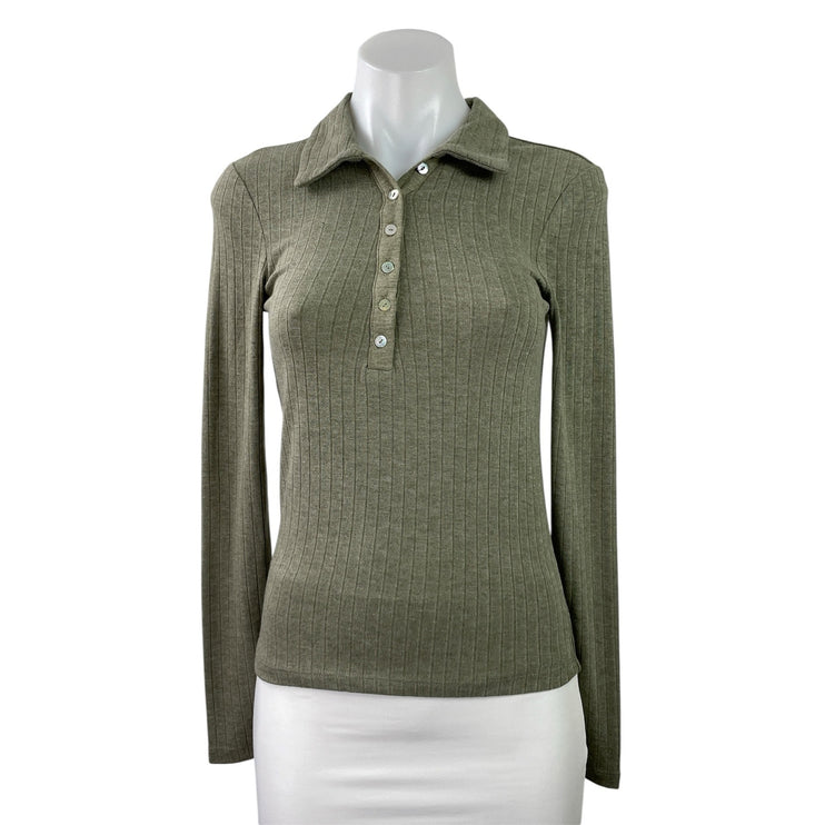 NEW MNG Mango Womens Olive Green Long Sleeve Rib Knit Polo Henley Shirt Top Sz S