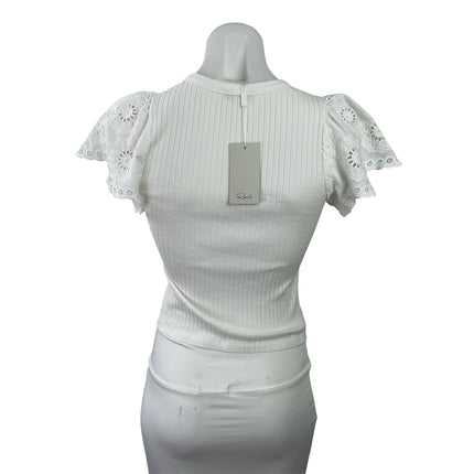 NEW Rails Reza White Flutter Sleeve Floral Embroidered Ribbed Knit Blouse Top XS