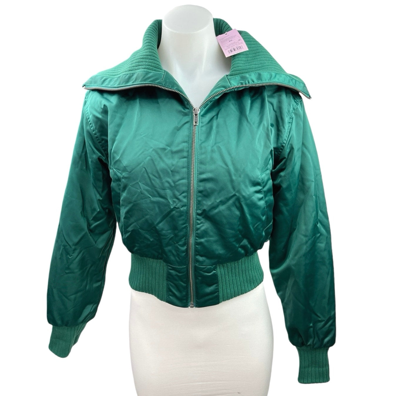 NEW Wild Fable Womens Emerald Green Satin Zip Up Collar Crop