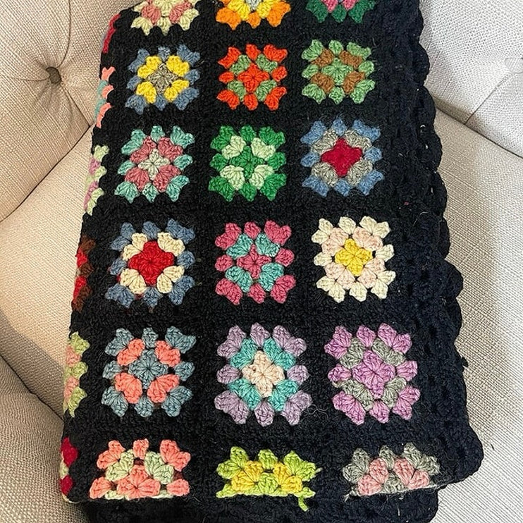 Vintage Granny Square Festival Crochet Afghan Rainbow Multicolor Blanket Throw