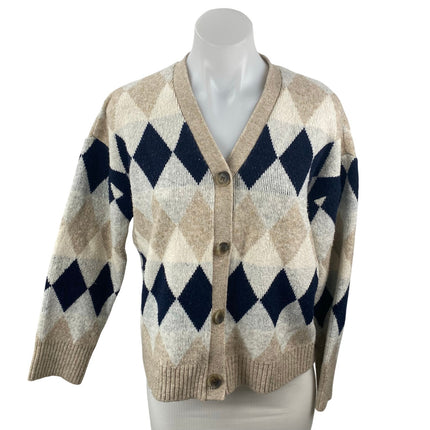 Zizae Women's Beige Argyle Diamond Long Sleeve Button Up Cardigan Sweater Size M