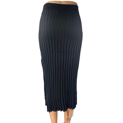 O.Vianca Black Rib Knit High Waist Slit Pull On Midi Straight Pencil Skirt Sz S
