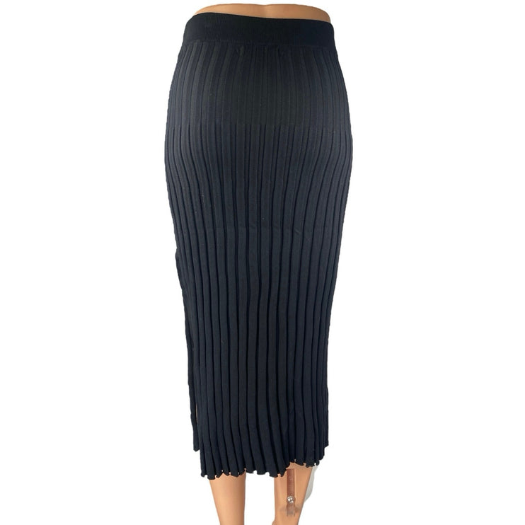 O.Vianca Black Rib Knit High Waist Slit Pull On Midi Straight Pencil Skirt Sz S