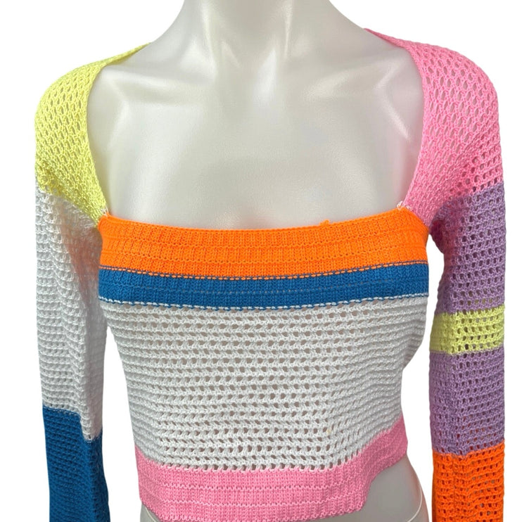 Women's Multicolor Colorblock Crochet Knit Long Sleeve Sweater Crop Top Size S