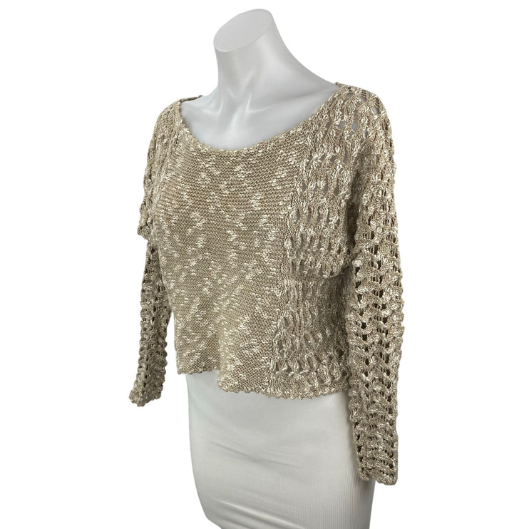 Ecote Women's Beige Crochet Open Knit Long Sleeve Cropped Sweater Top Size XS