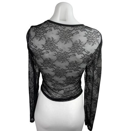 Women's Black Floral Lace Long Sleeve Sheer See Trough Crop BlouseTop Size S