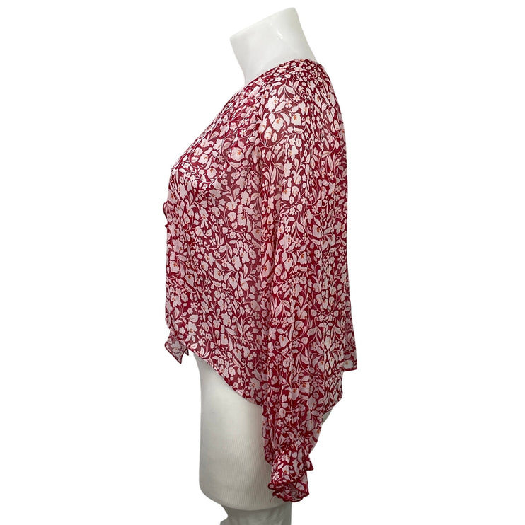 Zara Women's Red White Long Sleeves Floral Ruffles Sheer Crop Blouse Top Sz XL