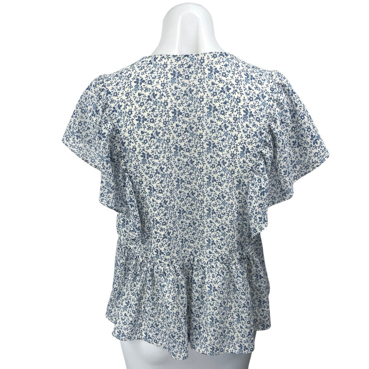 Madewell Georgette Blue Floral Ruffle Flutter Sleeve V-Neck Peplum Blouse Top S