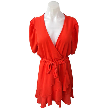 Aqua Women's Orange V-Neck Short Puff Sleeve Ruffle Belted Tie Mini Wrap Dress M