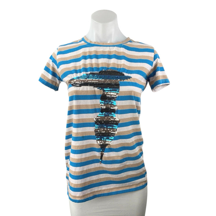 Trussardi Jeans Women's Multicolor Striped Sequin Short Sleeve T Shirt Tee Top M
