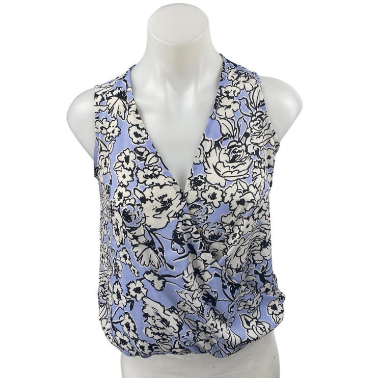 Ann Taylor LOFT Women's Blue White Floral Sleeveless V Neck Blouse Top Size XXS