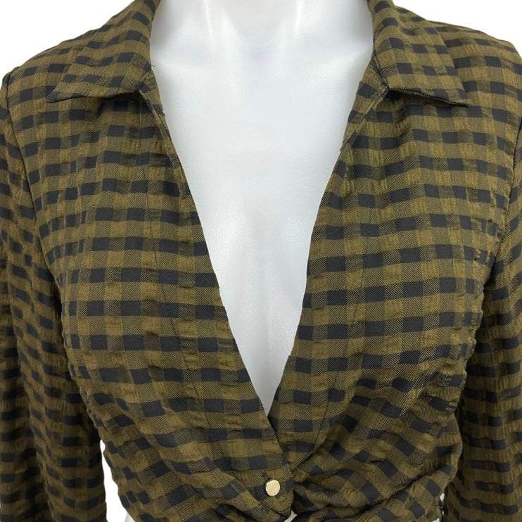 Zara Green Gingham Check Deep V Crinkled Twist Crop Button Shirt Top Size S