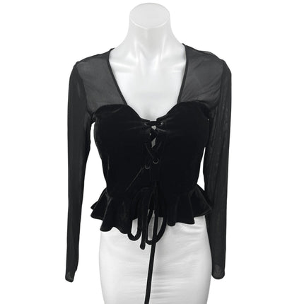 NBD Black Mesh Velour Velvet Long Sleeve Lace Up Crop Peplum Blouse Top Size S