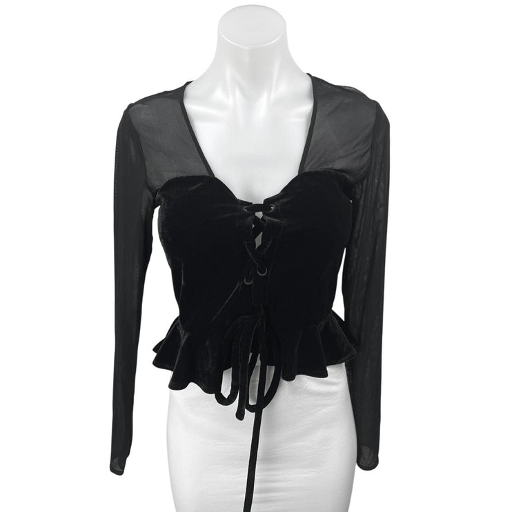 NBD Black Mesh Velour Velvet Long Sleeve Lace Up Crop Peplum Blouse Top Size S
