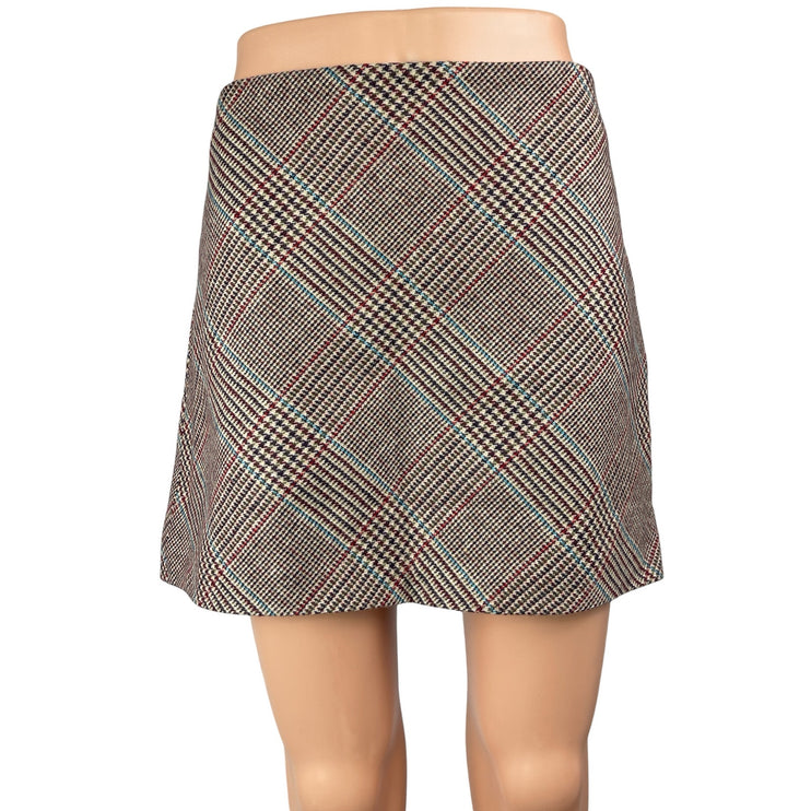 Mango MNG Gray Wool Plaid Checkered High Waist Mini Flared A-Line Skirt Size L