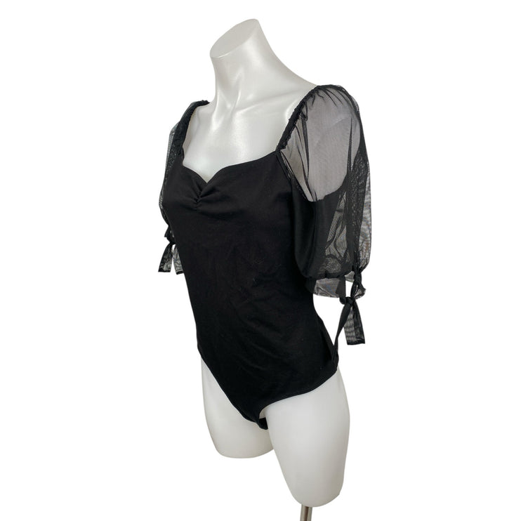 Lulus Women's Black Sheer Mesh Short Puff Sleeve Sweatheart Neck Bodysuit Top L