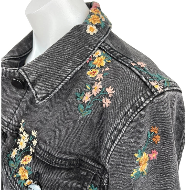 Driftwood Trucker Black Embroidered Floral Button Down Denim Jean Coat Jacket M