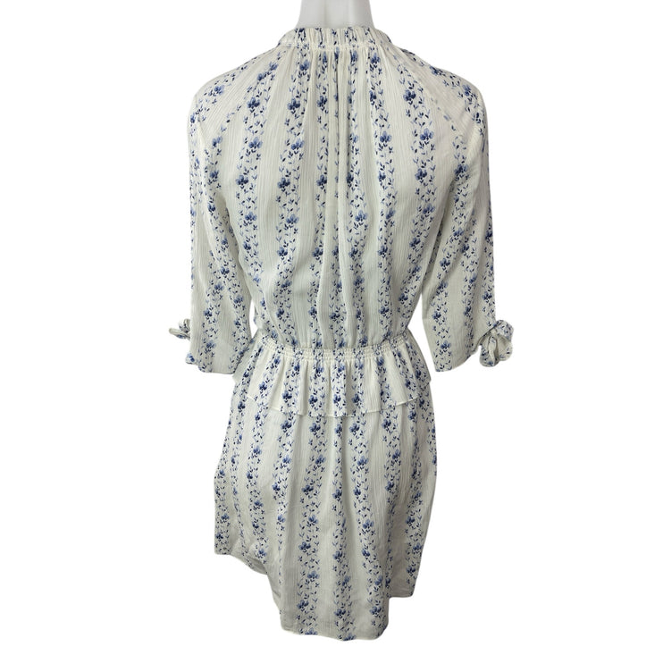 Club Monaco White Blue Silk Floral Mock Neck Long Sleeve Mini A-Line Dress Sz 0
