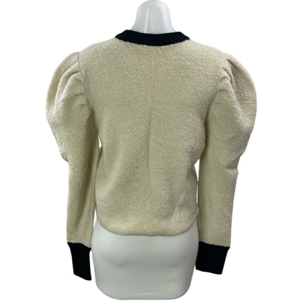 Autumn Cashmere Beige Black Crew Neck Long Puff Sleeves Crop Sweater Top Sz M/L