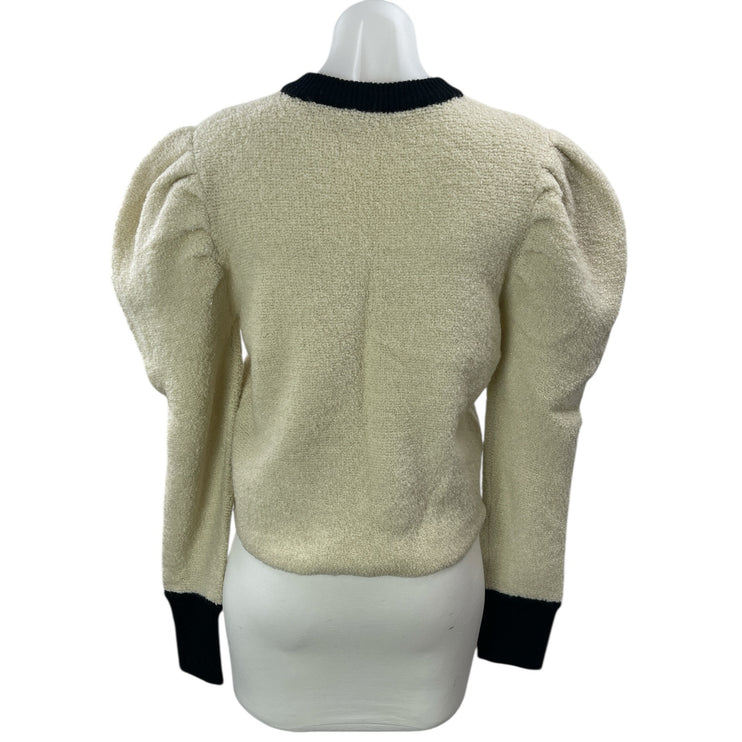 Autumn Cashmere Beige Black Crew Neck Long Puff Sleeves Crop Sweater Top Sz M/L