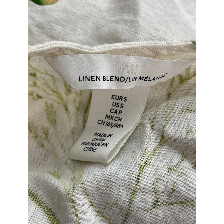 H&M Womens Linen Multicolor Floral Balloon Sleeve Button Down Shirt Blouse Top S