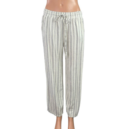 Blue Rain Women's White Striped Drawstring Baggy Wide Leg Trousers Pants Size M