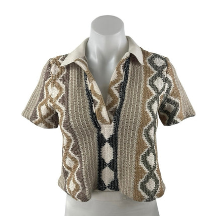 Zara Brown Geometric Tribal Crochet Knit Short Sleeve Cropped Polo Shirt Top S