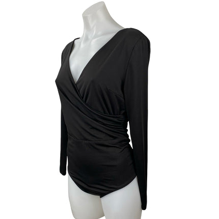 Princess Polly Women's Black Long Sleeve Faux Wrap Drape Bodysuit Top Size 10