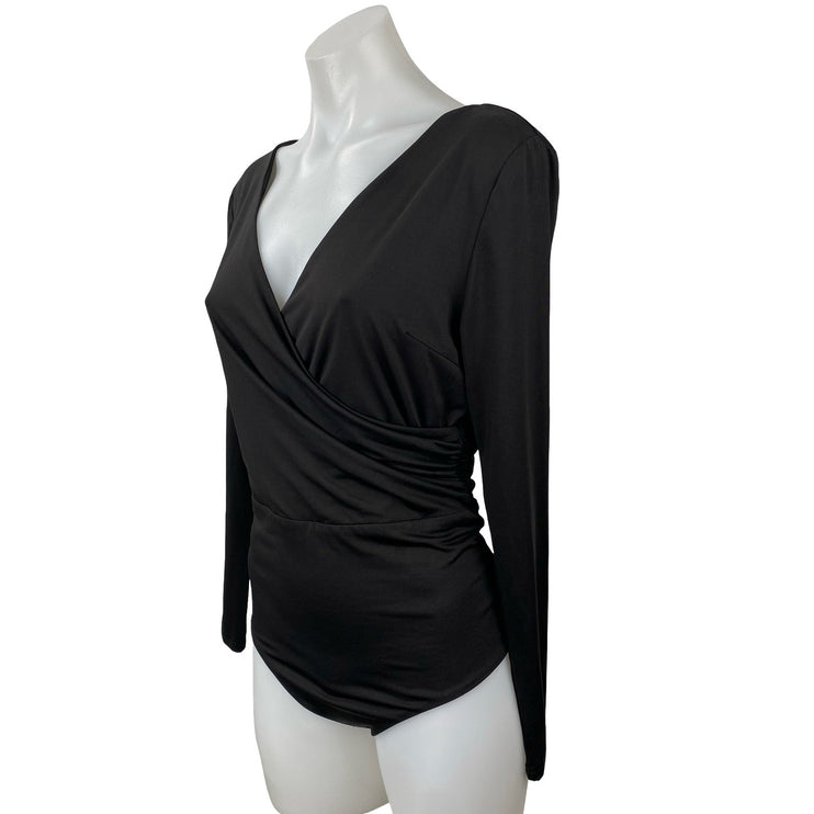 Princess Polly Women's Black Long Sleeve Faux Wrap Drape Bodysuit Top Size 10