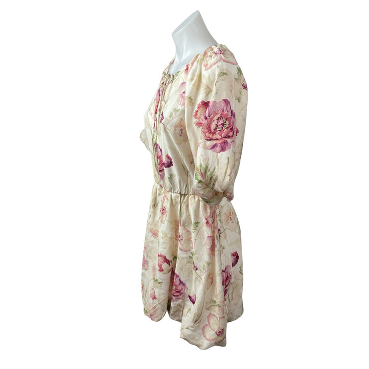 NEW H&M Cream Pink Floral Half Puff Sleeve Tie Fit & Flare Mini Dress Size S