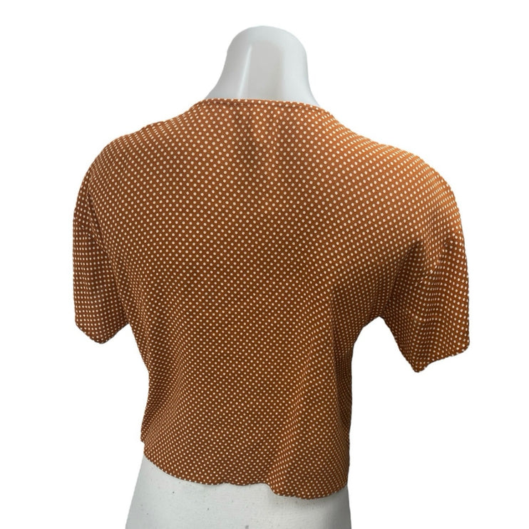 Leith Women's Brown Polka Dot Button V-neck Short Sleeve Cropped Blouse Top XXS