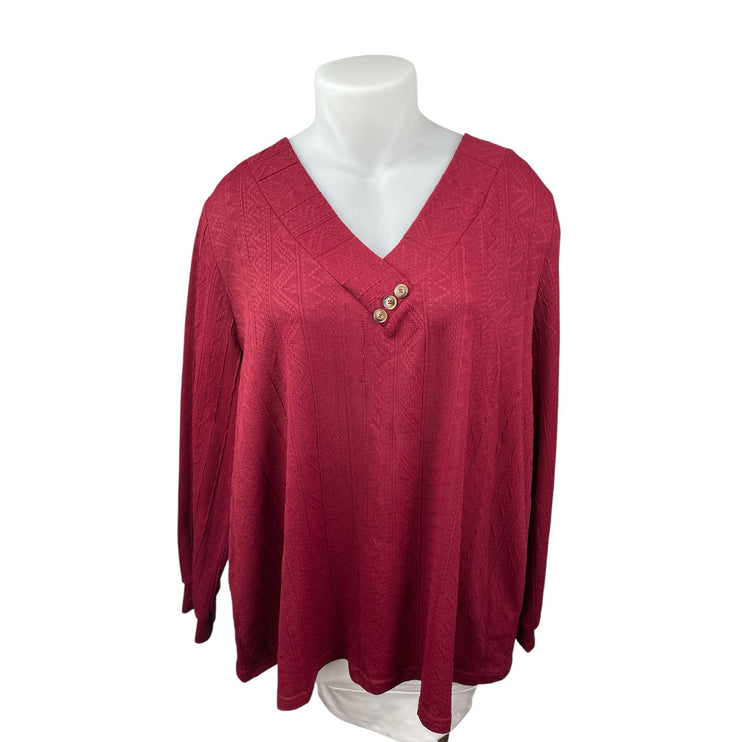 Bloomchic Women's Red Batik Textured V Neck Long Sleeve Shirt Blouse Top 22/24