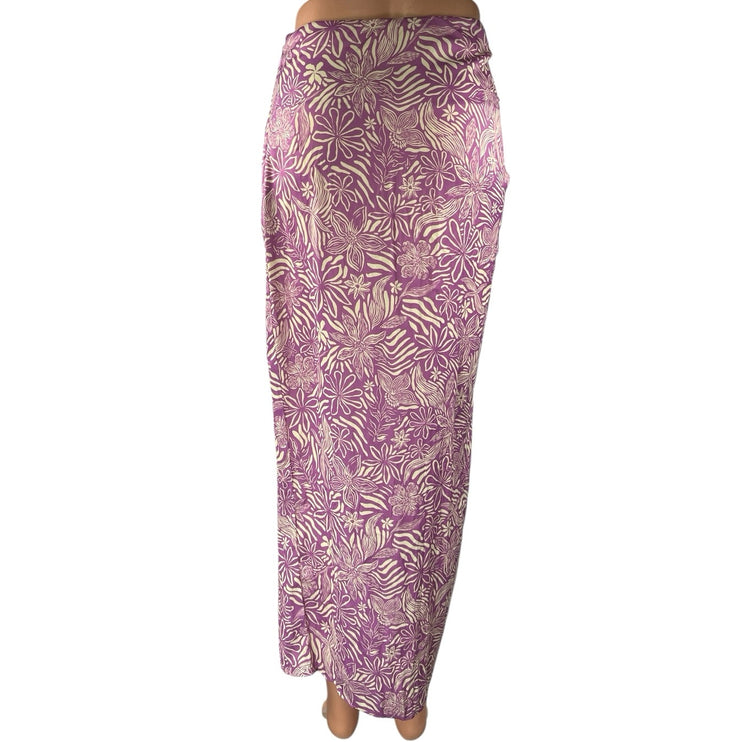 Free People Purple Floral High Waist Ruched Tie Front Slit Maxi Pencil Skirt S